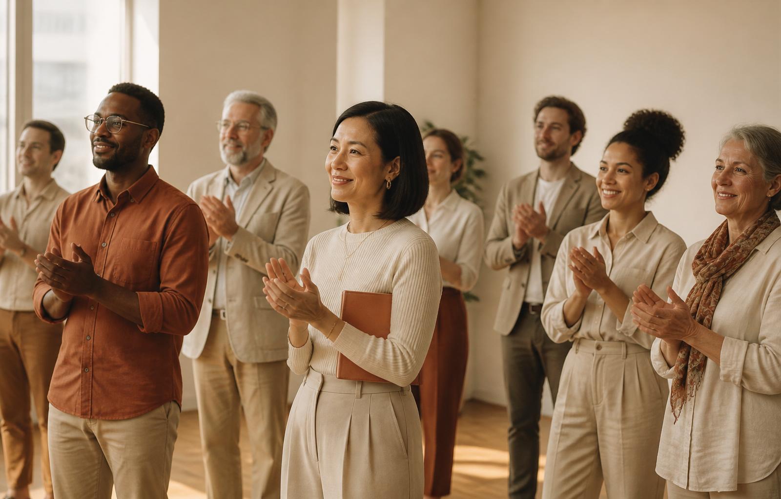 Participants applauding at the closing moment of a professional seminar